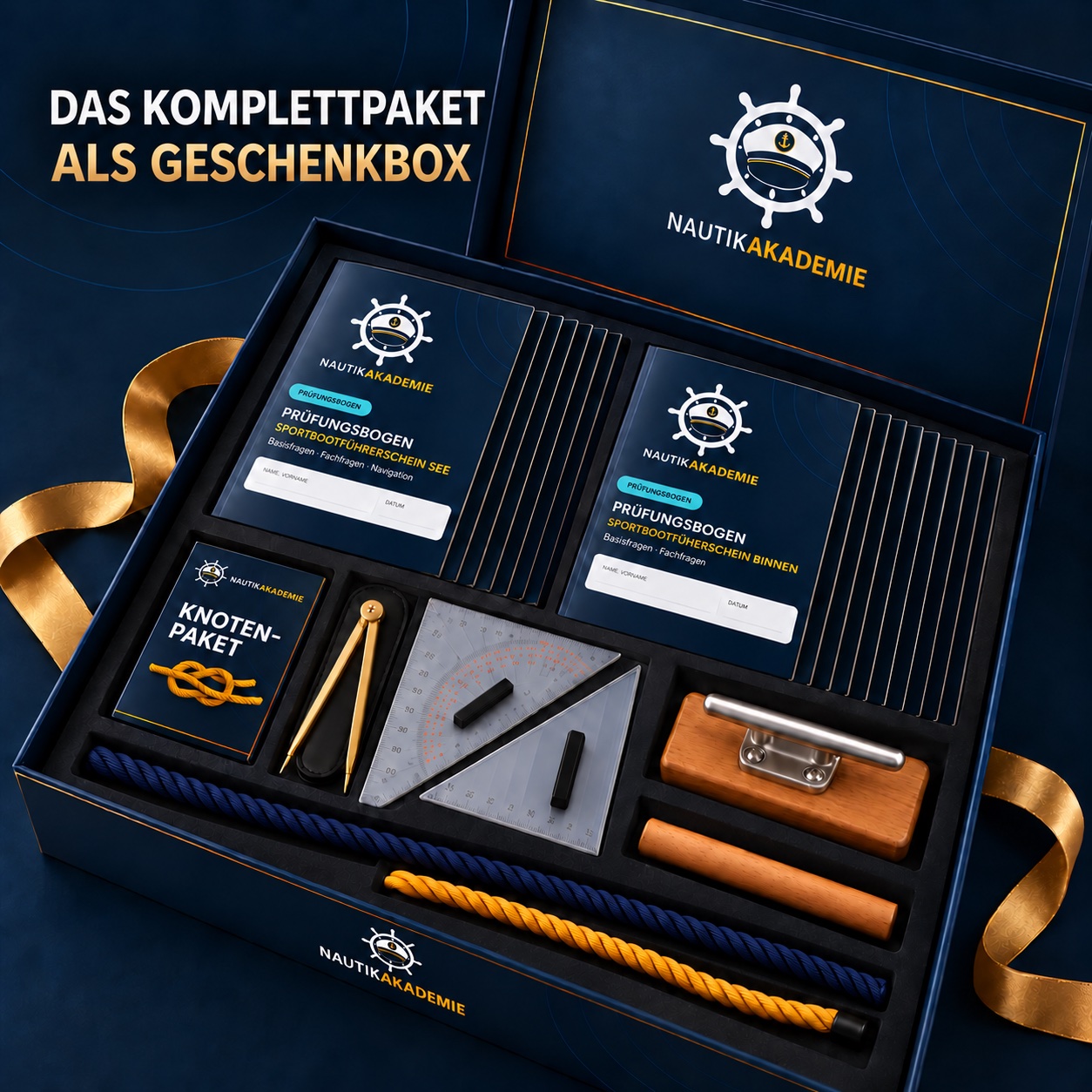 NautikAkademie-Geschenkbox mit Lernmaterial und Navigationsbesteck